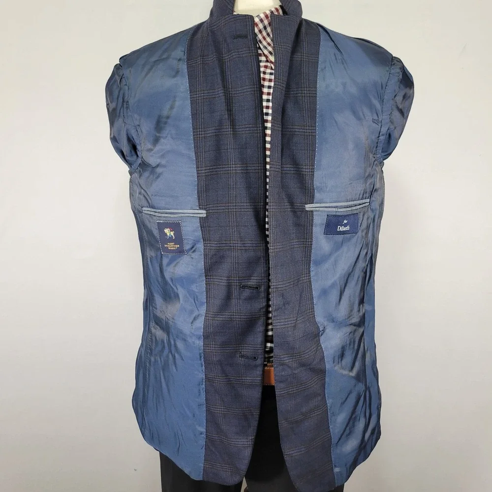 Hart Schaffner‎ Marx Men's Sport Coat Blazer Two Button Blue Plaid Wool 42R